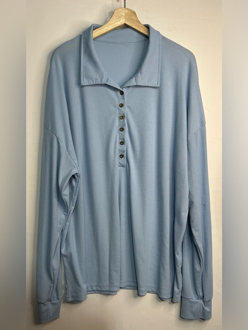 Baby Blue Ribbed Long Sleeve Half Button Front 4XL
